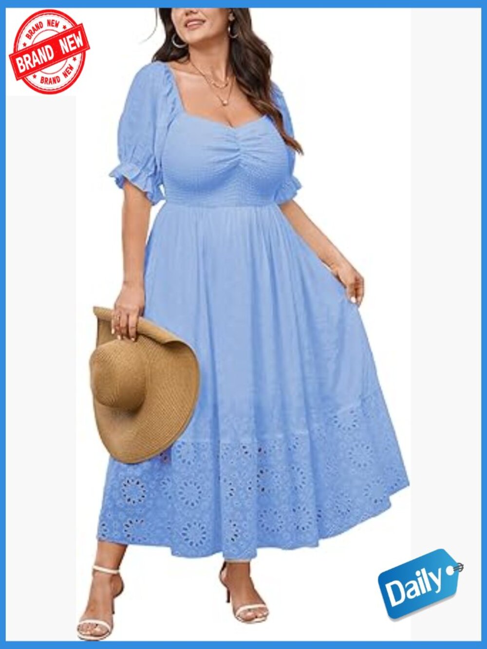 Plus Size Maxi Dress Flowy Boho Lace Eyelet Sweetheart Smocked